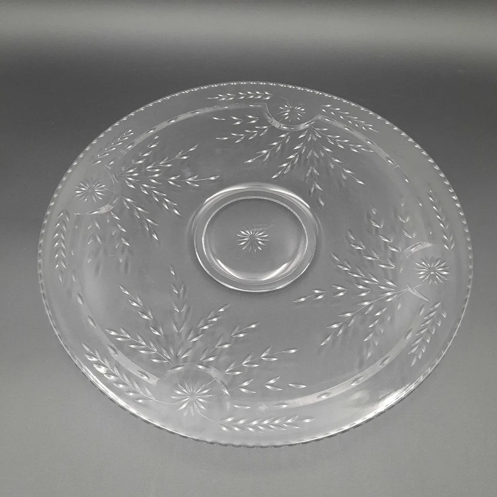 Manganese Glass Cake Stand Pedestal Dessert Display Plate Etched Floral Design‎
